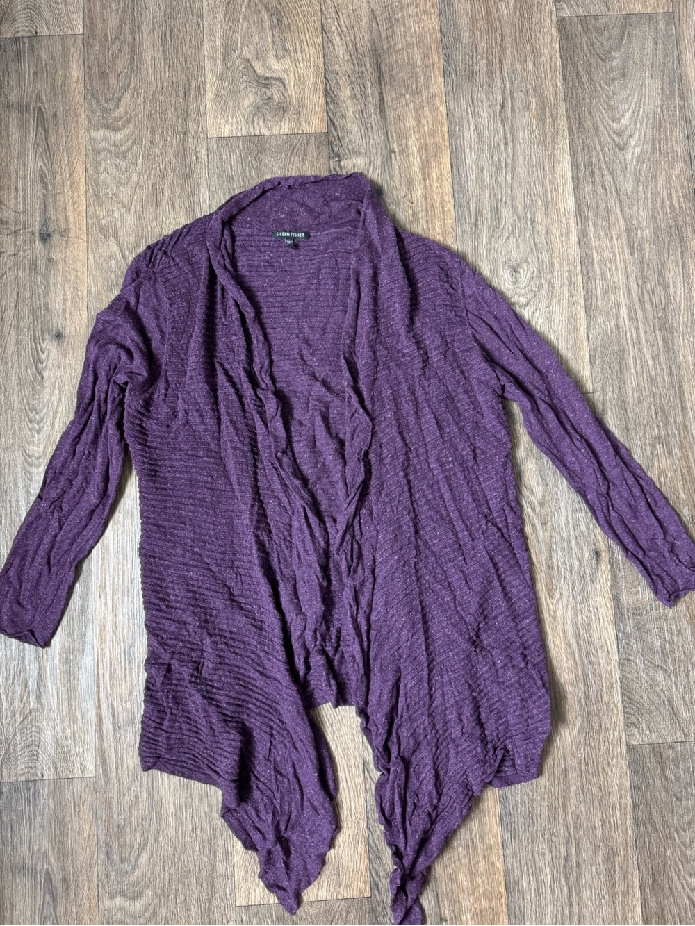 Eileen Fisher Purple Rib Knit Open Front Draped Linen Blend Cardigan L